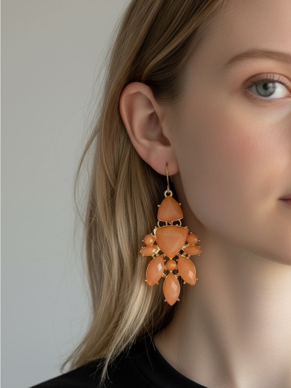 Elegant Orange Drop Statement Earrings - Gold Setting